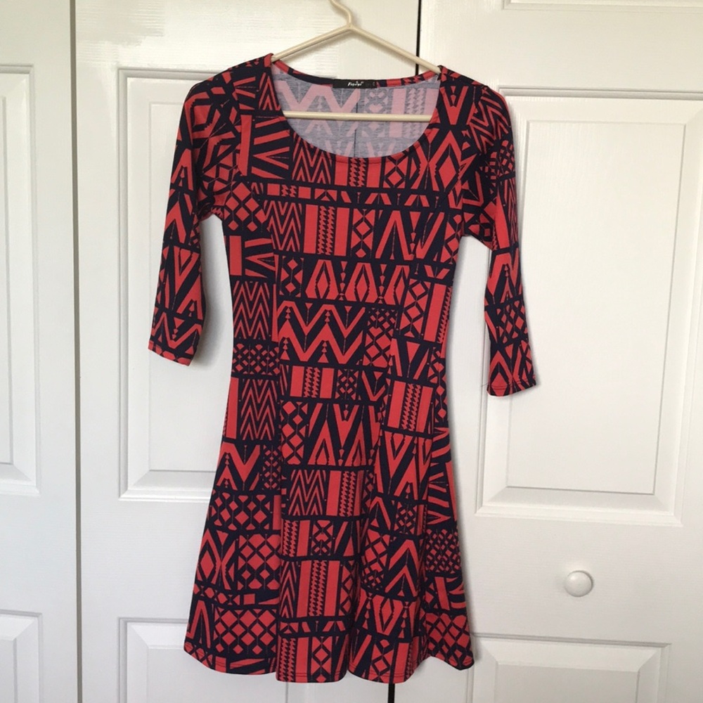 Orange and dark blue tribal print dress